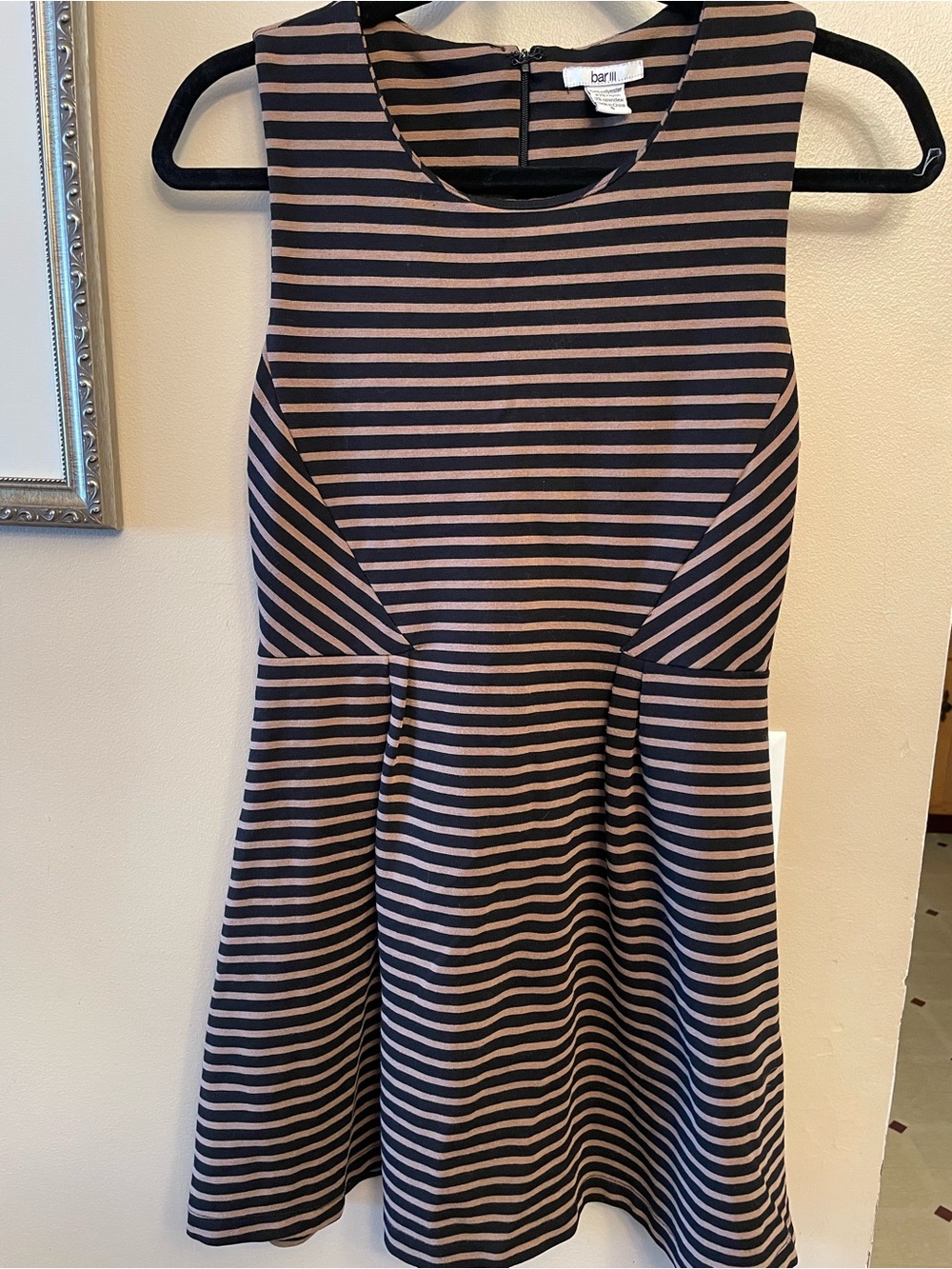Bar III Black and Taupe Striped Sleeveless Fit-and-Flare Mini Dress